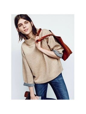 Madewell Mock Neck Boxy Sweater Top Tan Chevron Jacquard Wool Blend Herringbone